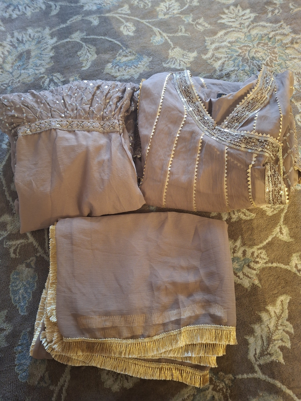Embroidered Women's Lounge Set in Taupe with Gold Trim (Gararah)
